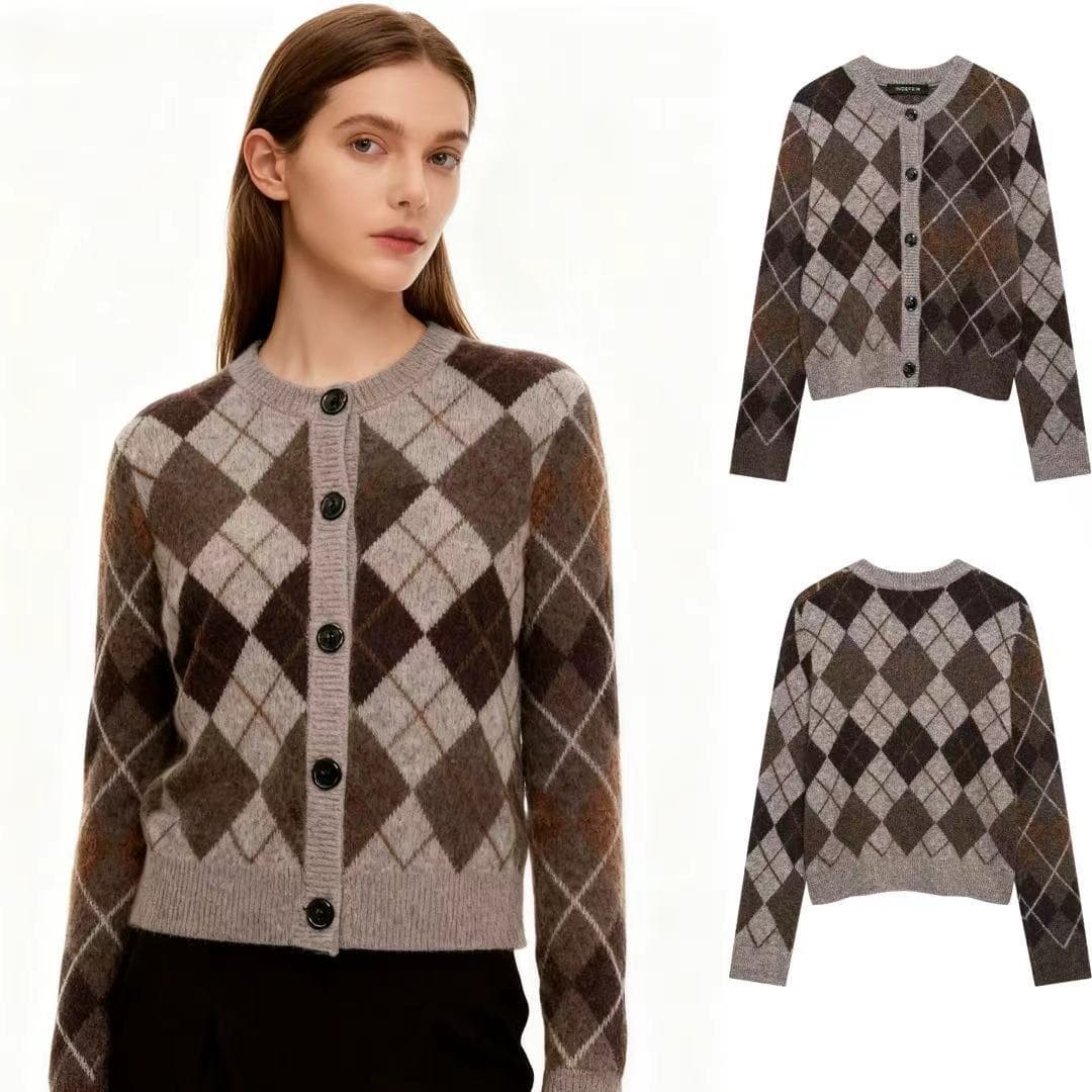 Women's Diamond Pattern Knit Cardigan Fall/Winter Streetwear Coat, Cozy & Stylish For Casual & Layering