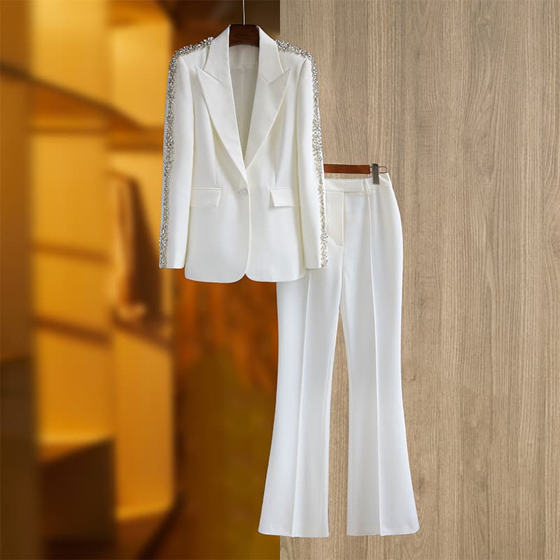 Women's Clothing High Quality Heavy Duty Mid Length Suit Jacket Wide Leg Trousers Fashionable Trousers Rhinestones Ins Hot Two Piece Suit