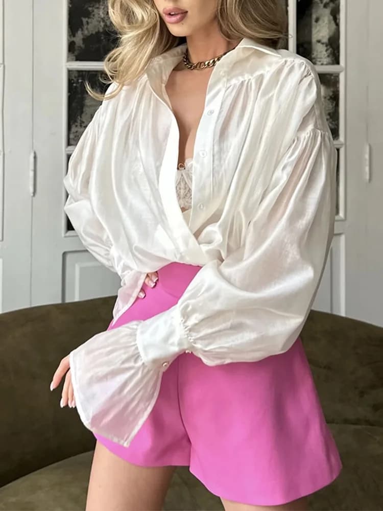 Elegant Women Shirt Office Lady Solid Color Flare Long Sleeved Shirt Bornladies Fashionable Loose Turn Down Collar Women