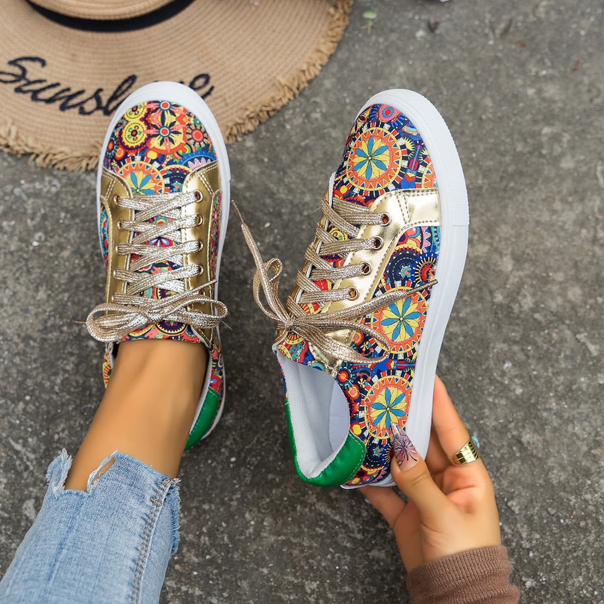Cro-Border Trade Plu Size 2024 Autumn New European And American Round Toe Sneaker Printed Canva Women'