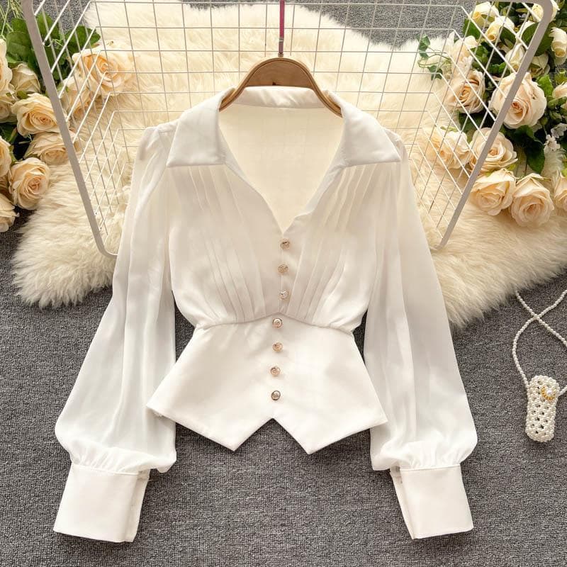 Women's Clothing Design Niche Ruffled Collar Long Sleeved Shirt Women's Temperament Irregular Hem Puff Sleeve Top