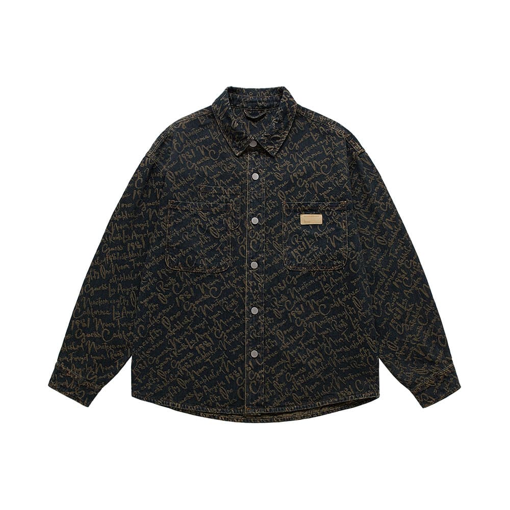 Men's Clothing high end jacquard craft denim shirt men's spring and autumn retro washed old lapel casual shirt jacket men