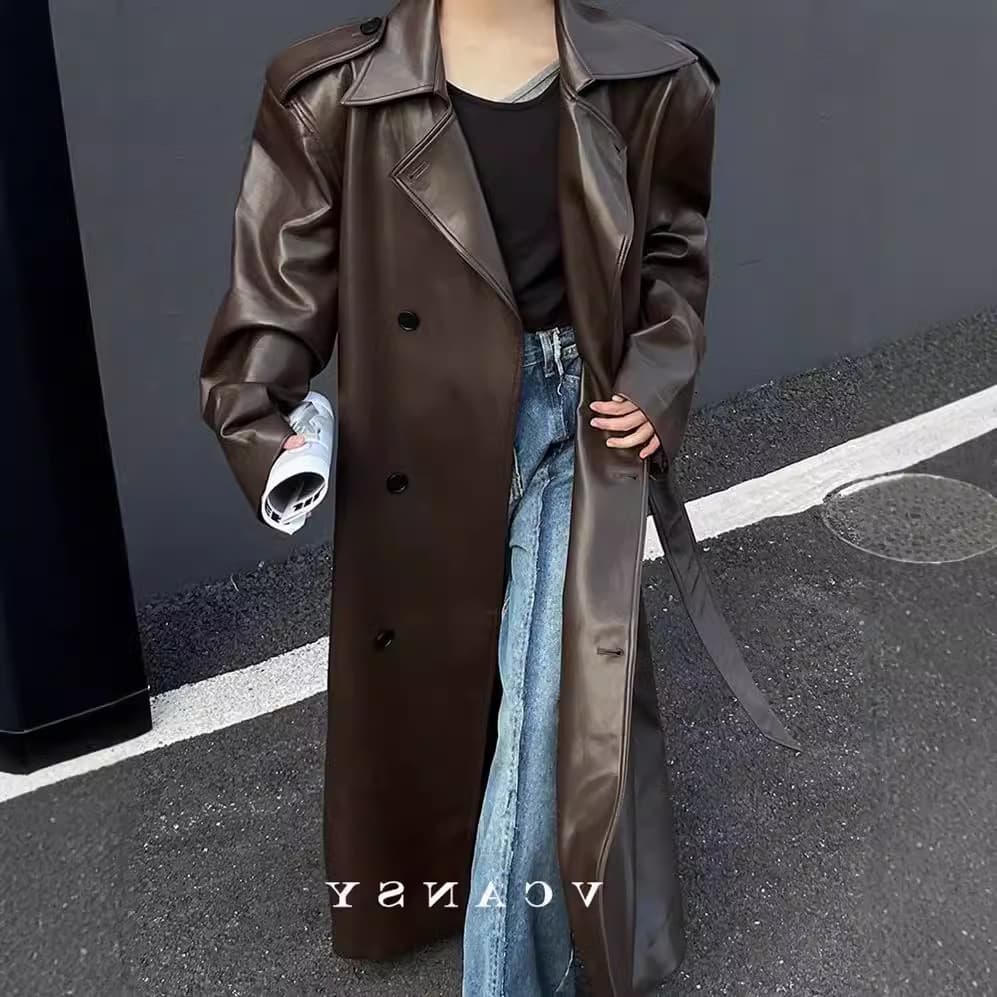 Vintage-Inspired Long PU Leather Trench Coat For Women - Stylish Faux Leather Overcoat With Lapel Collar, Black & Dark Brown, S/M/L