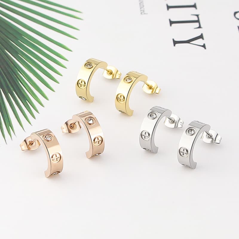Women's Jewelry Luxury Cross Screw Earrings Boutique Classic C Shaped Earrings Inlaid With Diamonds Titanium Steel Female Earrings Jewelry