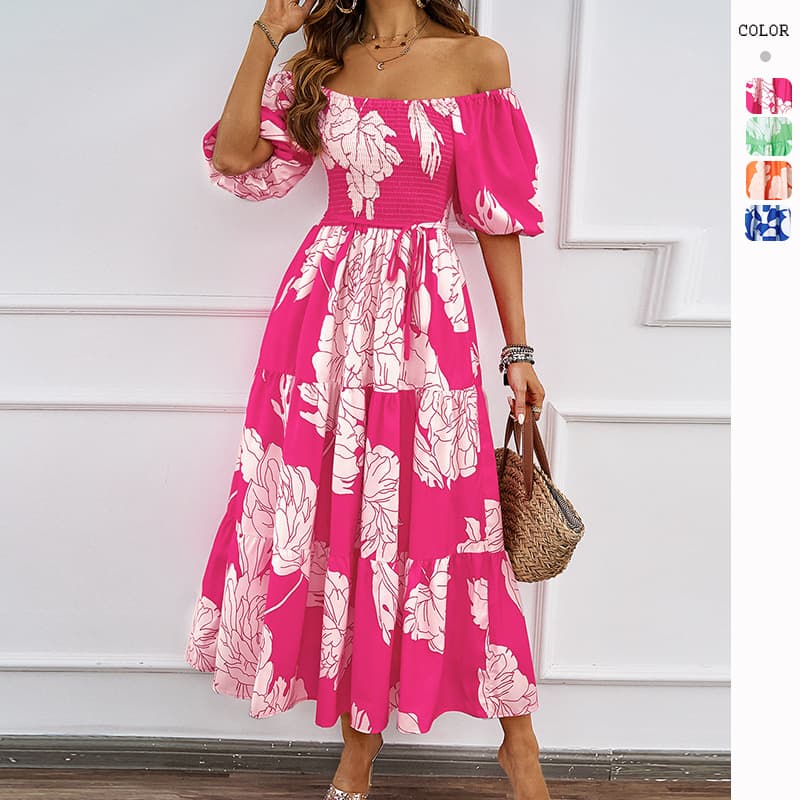 Women's Clothing elegant printed one shoulder puff sleeve fashionable swing dress