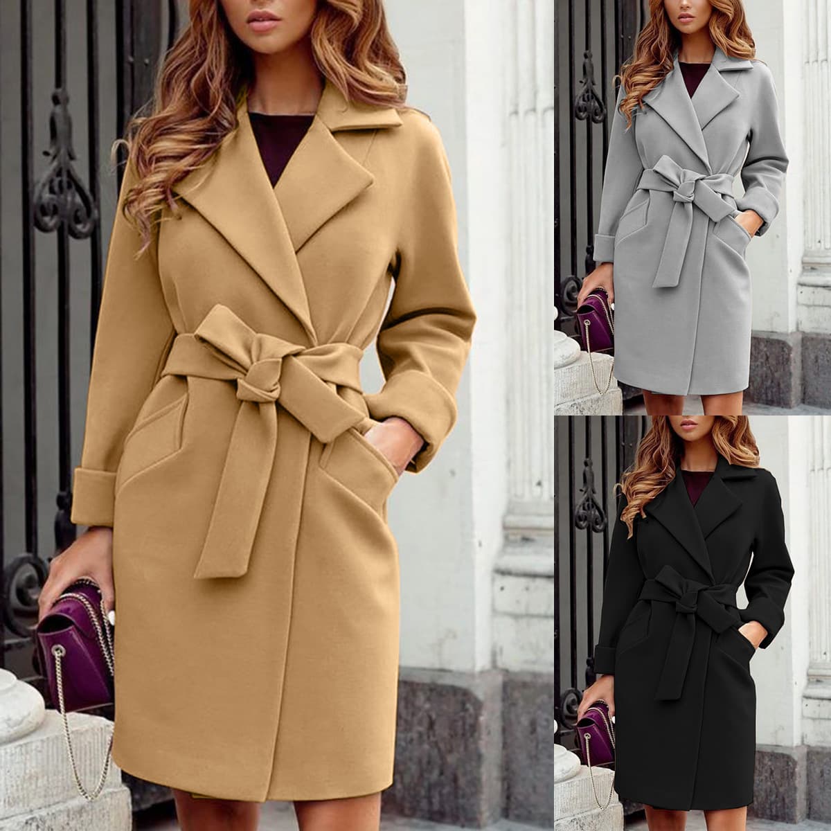 Women's Clothing Fashion Slim Waistband Lapel Wool Coat
