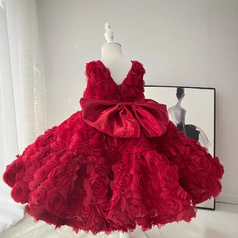Girls' Birthday Dress Princess Style Baby Piano Performance Red Flower Design Spring Collection For Children Ages 3-7