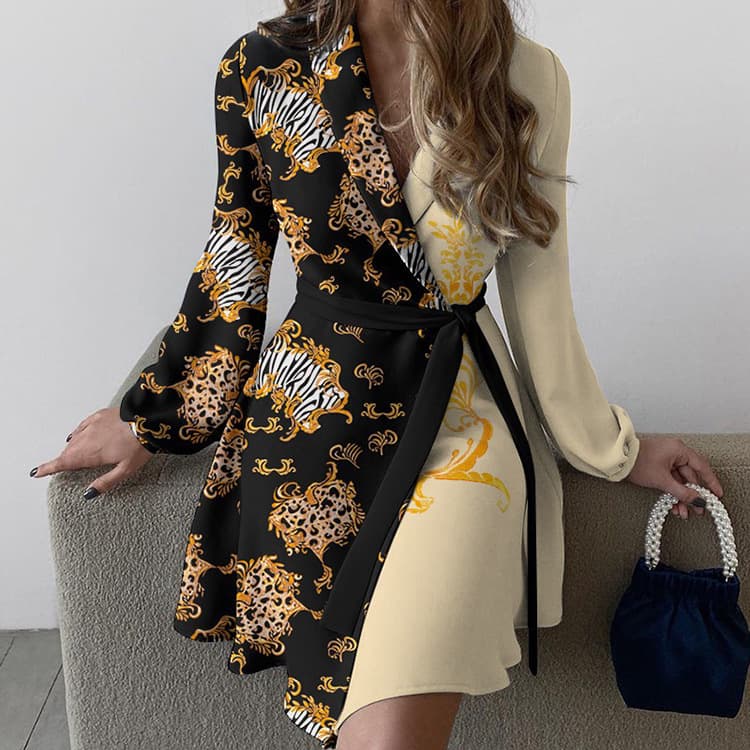 2024 Trendy Women's Summer Style Elegance One Piece Color Block Lace Up Dress