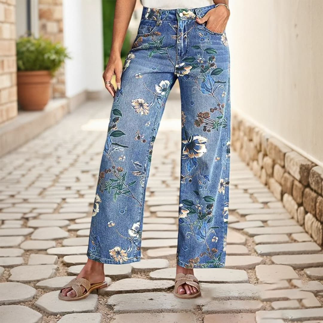 Women's Clothing Printed Denim Wide-Leg Pants – Straight Cut Casual Trousers With Floral Embroidery​​