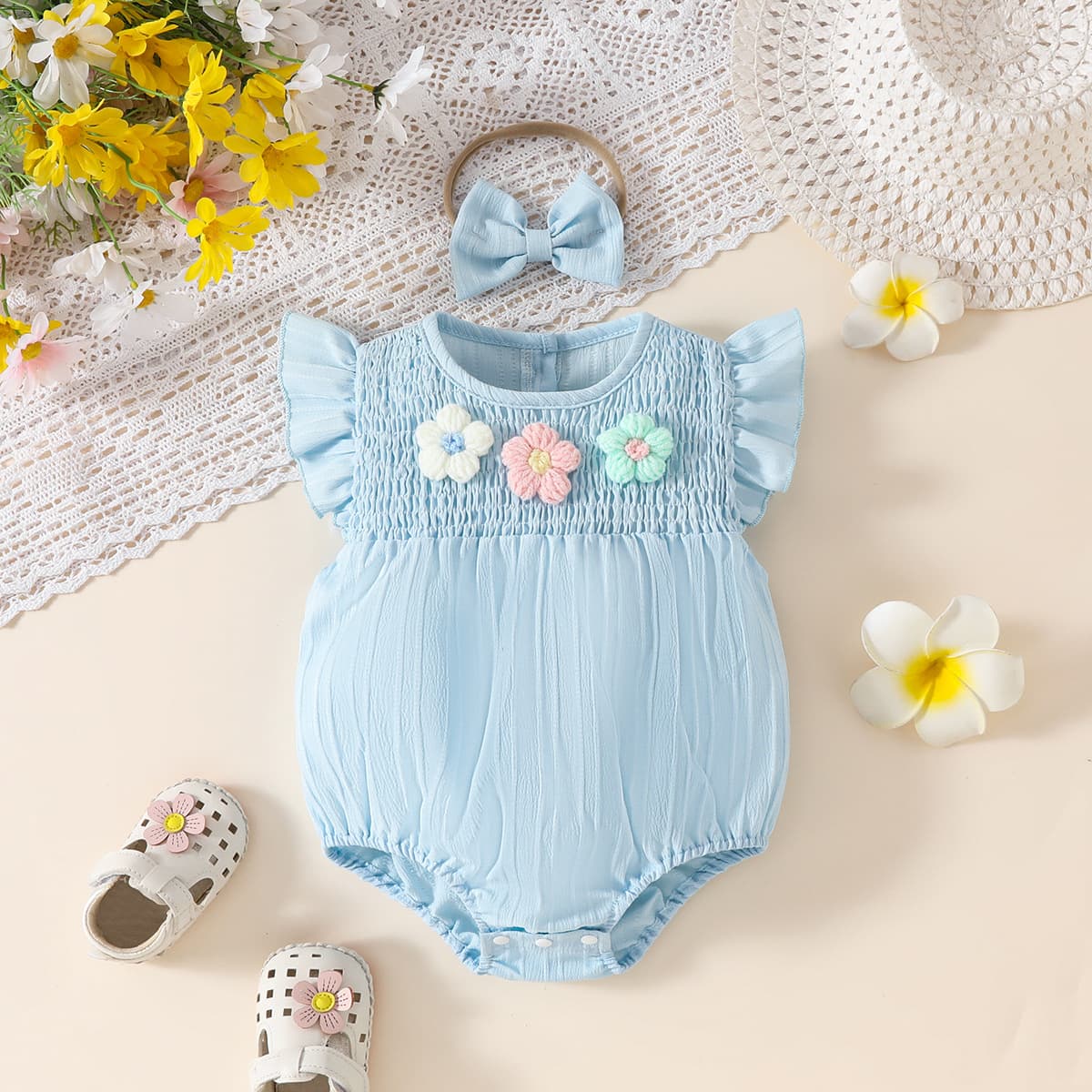 ​​"Baby Girl Floral Ruffle Sleeveless Romper & Shorts Set – Soft Cotton Blend, Breathable Summer Outfit For Toddlers (1-3 Years, 80-100cm)"​​