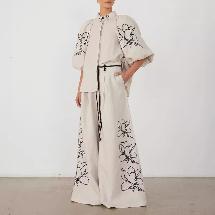 [Cotton Linen] Women’s Clothing High End Fashion And Comfortable Cotton And Linen Embroidered Wide Leg Pants Suit Women's Clothing