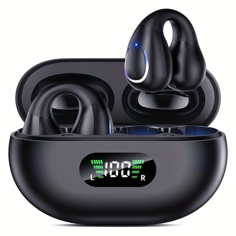 Open ear clip earplugs BT 5.3, sports earphones built-in microphone with Hook Ear Hook, wireless charging box and