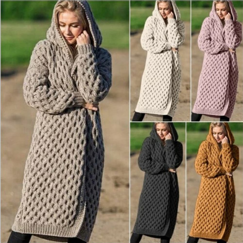 Women's solid color fashion long knit sweater hooded cardigan coat