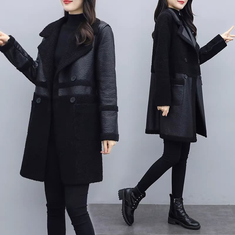 Women's fashion fur one with velvet thick suit collar wear loose plus fat plus leather coat on both sides