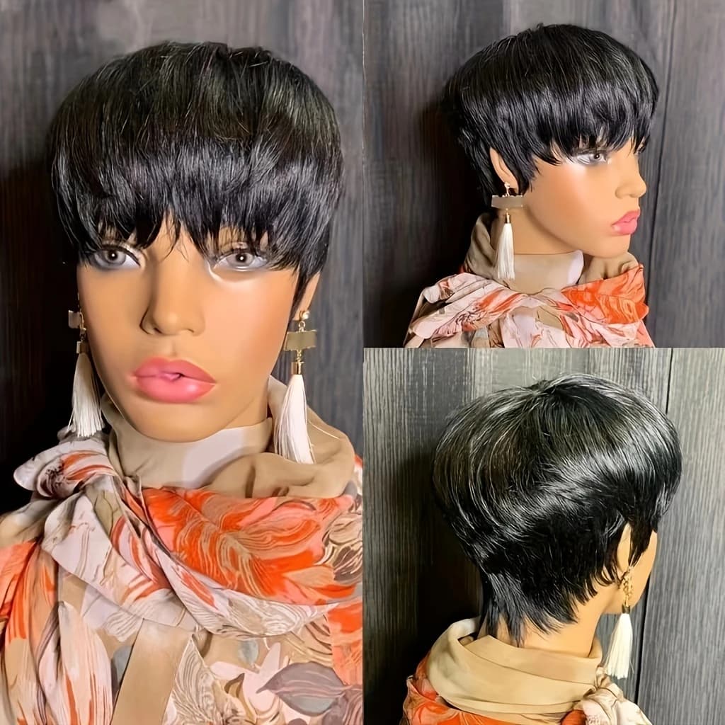 Short Straight Human Hair Pixie Cut Wig for Women