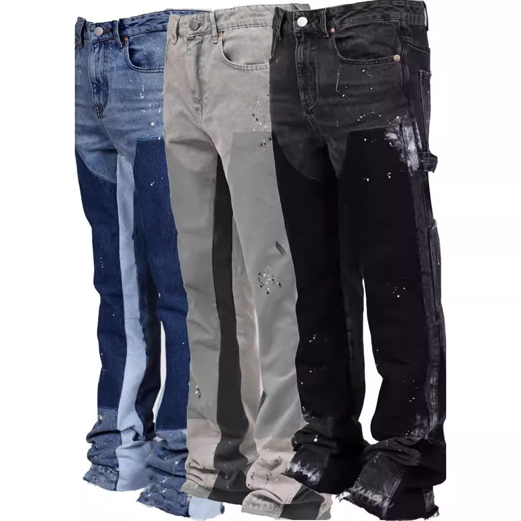 2025 Men's Fashionable Ins Workwear Elastic Patch Denim Layered Flared Pants