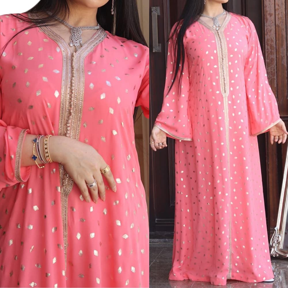 Boho Chic Pink Gold-Embroidered Maxi Dress – Floral Print Ethnic Tunic Dress For Women, Lightweight Polyester Blend, S-XXL