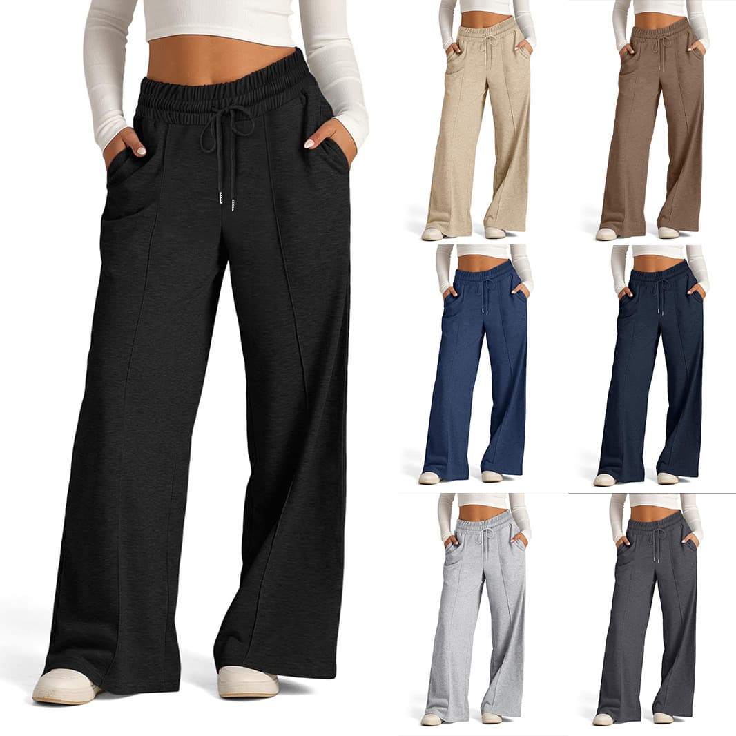 Suitable For All Seasons New 2024 Women's Drawstring Solid Color Waist-Cinching Fashion Wide-Leg Casual Pants