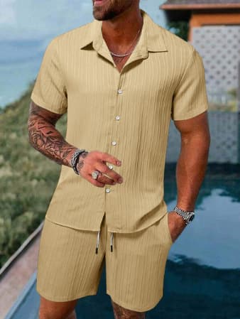 Chemise à revers rayée pour hommes, short, costume de sport décontracté à la mode