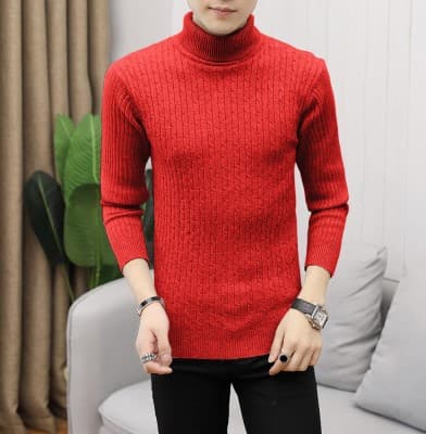 Pull en tricot pour homme, col montant, torsadé, couleur unie, décontracté, chaud, col roulé, hiver