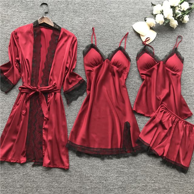 Midnight glamor sexy pajamas sexy pajamas four-piece set suspenders for women with breast pads
