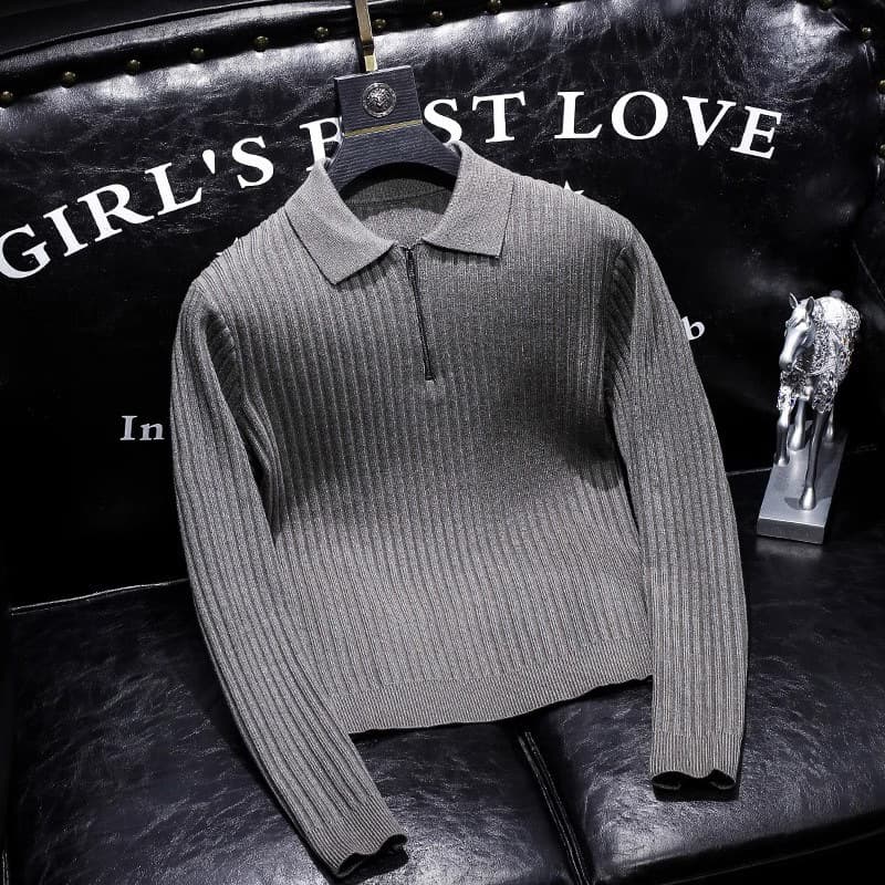 Men's Clothing High grade zipper lapel sweater for men autumn and winter style striped thick warm Polo collar sweater for men