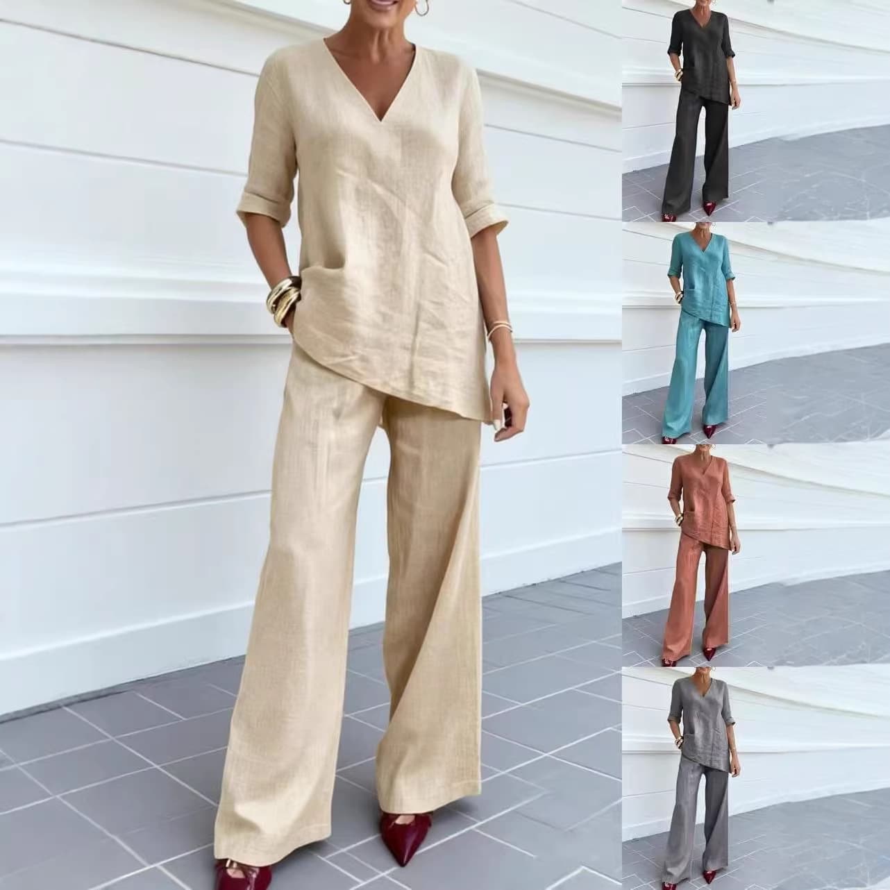 Women's Autumn Casual Cotton Linen Top And Straight Leg Trousers Set mid Sleeve V Neck Solid Color European American Style