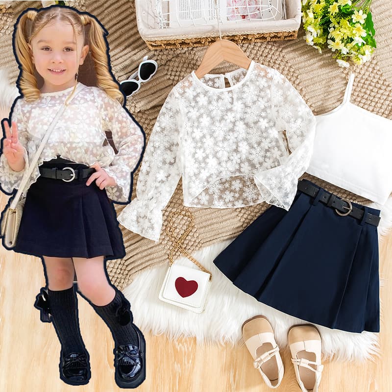 Kids’ Clothing spring and autumn new fashion girl suit long sleeved top suspenders inner pleated skirt three piece suit