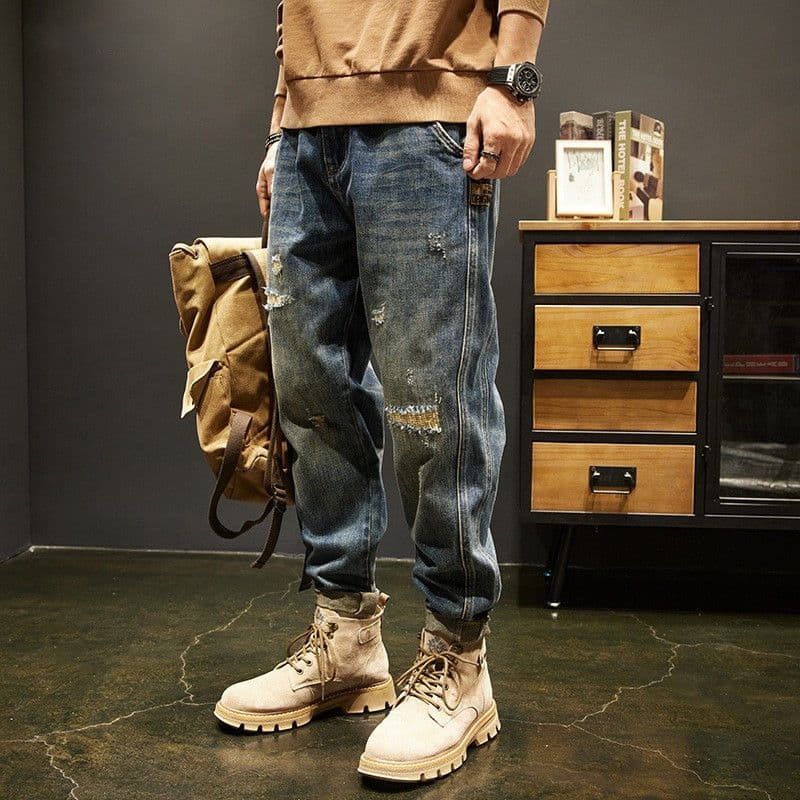 Heavyweight Spring And Autumn Patched Jeans For Men, Trendy Brand American Loose Large Size Trousers, Retro Casual