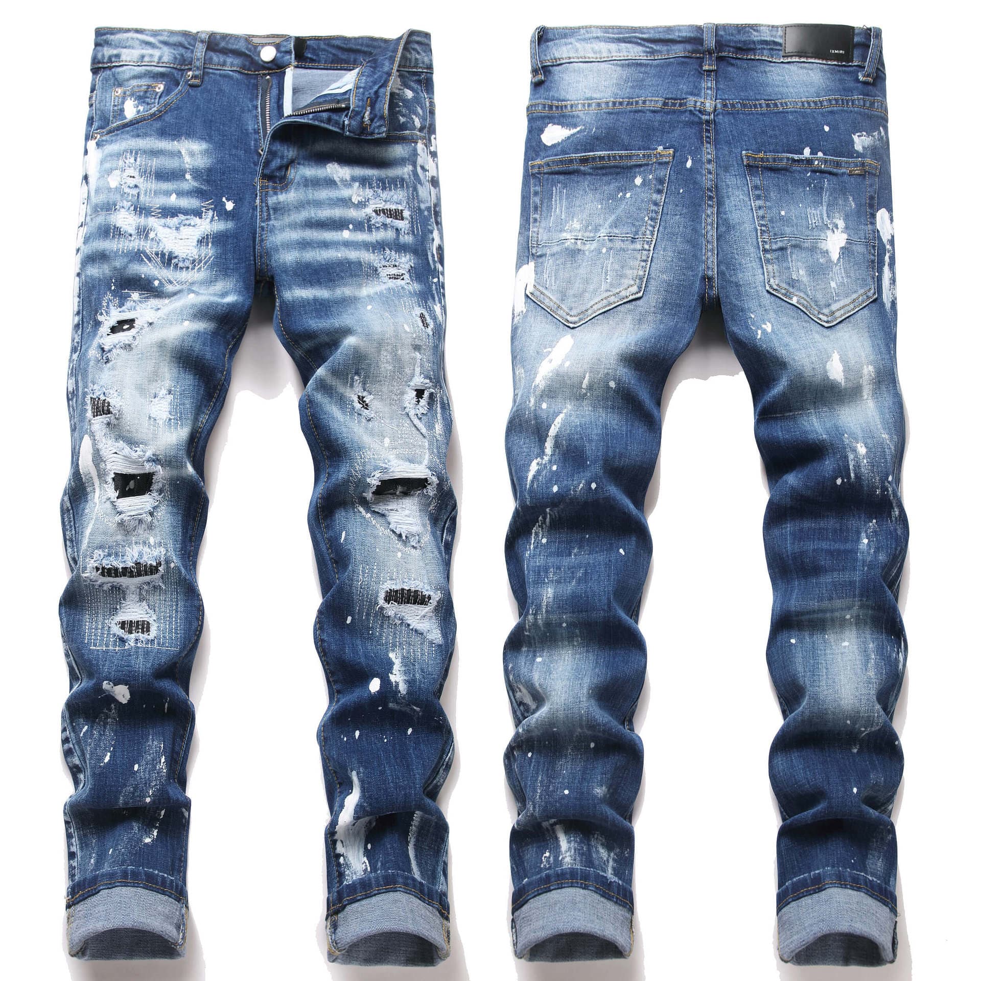 Men's Clothing Men's Slim Fit Stretch Denim Jeans With Handmade Rips & Embroidery - High Street Blue Washed Skinny Jeans For Youth Fashion