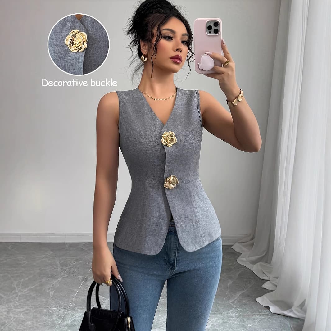 Women's Sleeveless Vest Solid Color Summer Outerwear Elegant Style Button Detail Slim Fit For Commute