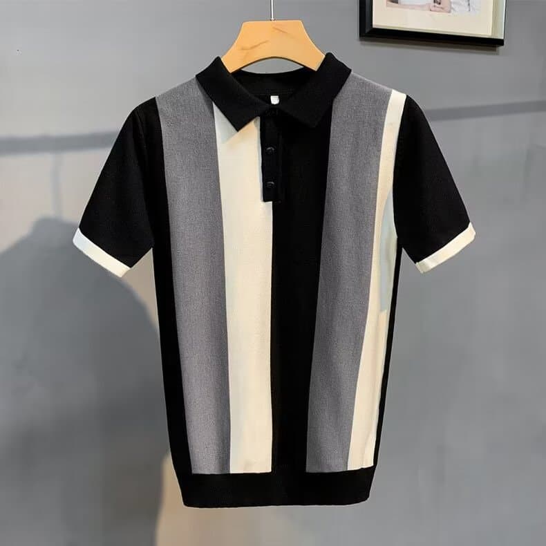 [IceSilk] Men's Striped Short Sleeve Sweater - Lightweight Lapel Top | Trendy Casual Wear
