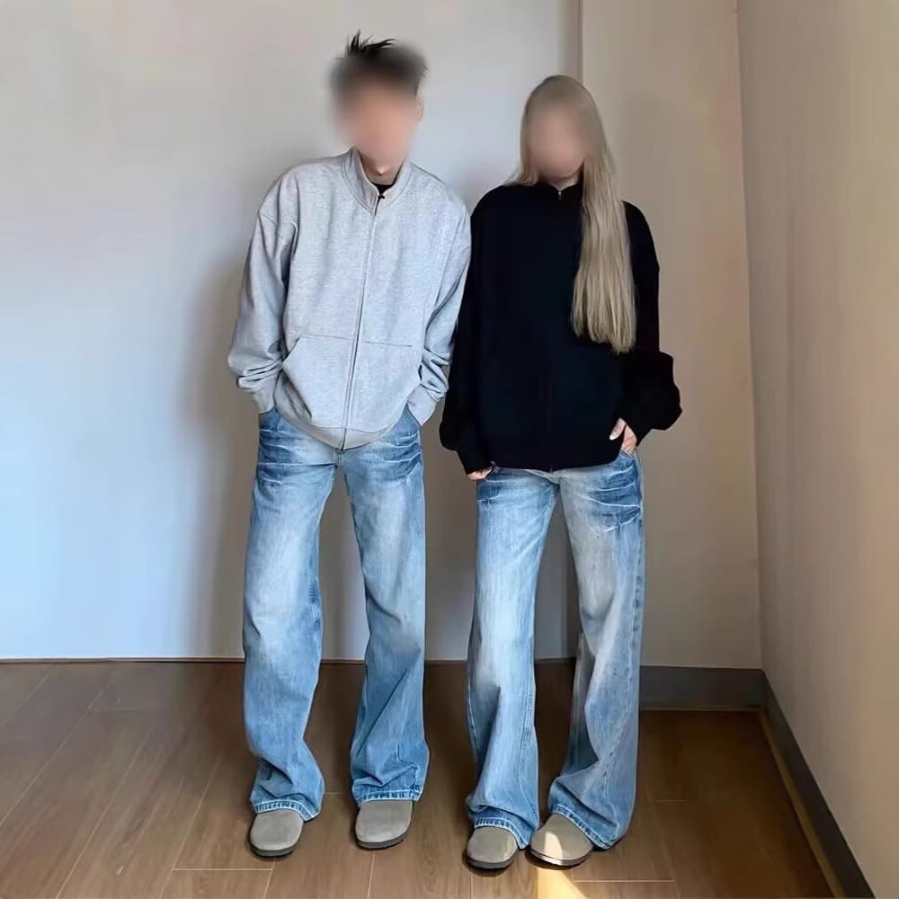 Men's Clothing Light Blue Lightning Washed Jeans Cool Pants Straight Flared Scimitar Pants