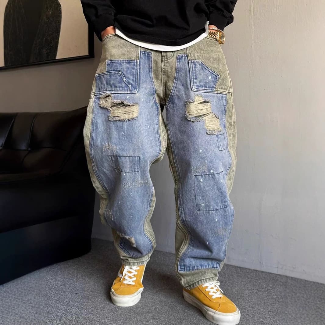 Men's Clothing Niche Retro Dirty Wash Old Paint Ripped Jeans Men's Trendy Brand Handsome Big Machete Wide Leg Mopping Long Pants