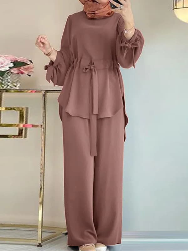 H730 Muslim Women's Solid Color Drawstring Tie Two-Piece Set Round Neck Top Wide-Leg Pants Elegant Ladies Suit