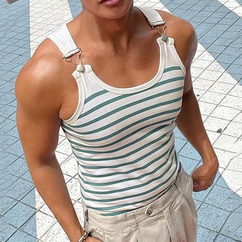 Men's Clothing New Striped Men's Vest Elastic Slim T Shirt Fashionable Metal Button Camisole Vest