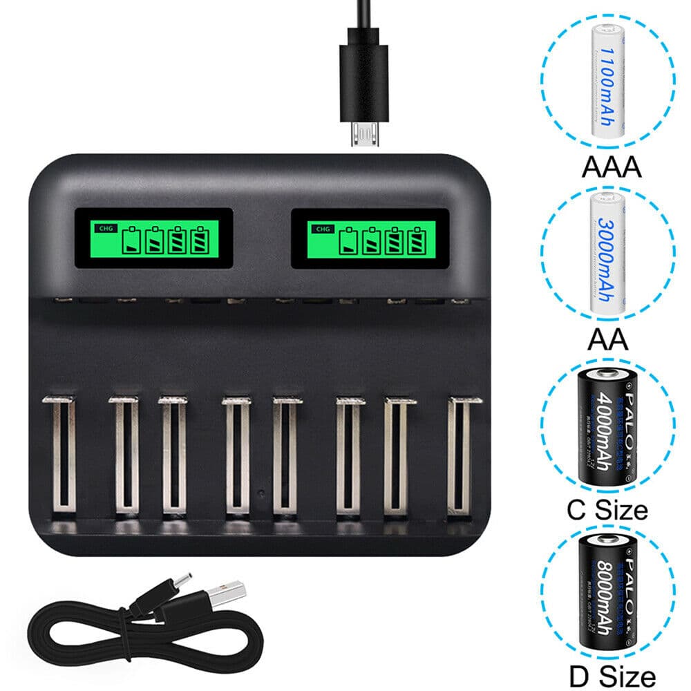8-Slot Battery Charger USB Powered AA/AAA/C/D Rechargeable Battery Charger with LCD Display 2021 New Arrivals