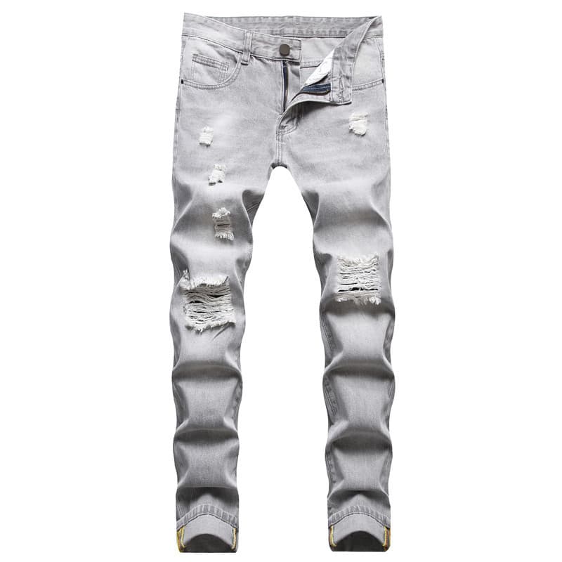 Mother Kids Specializes In Casual Large Size Ripped Straight Sand Fried Light Gray Denim Trousers