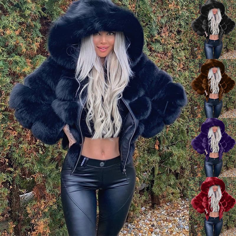 Women's Fashion Long Sleeve Solid Color Imitation Fur Coat Hooded Autumn Winter Warm Coat