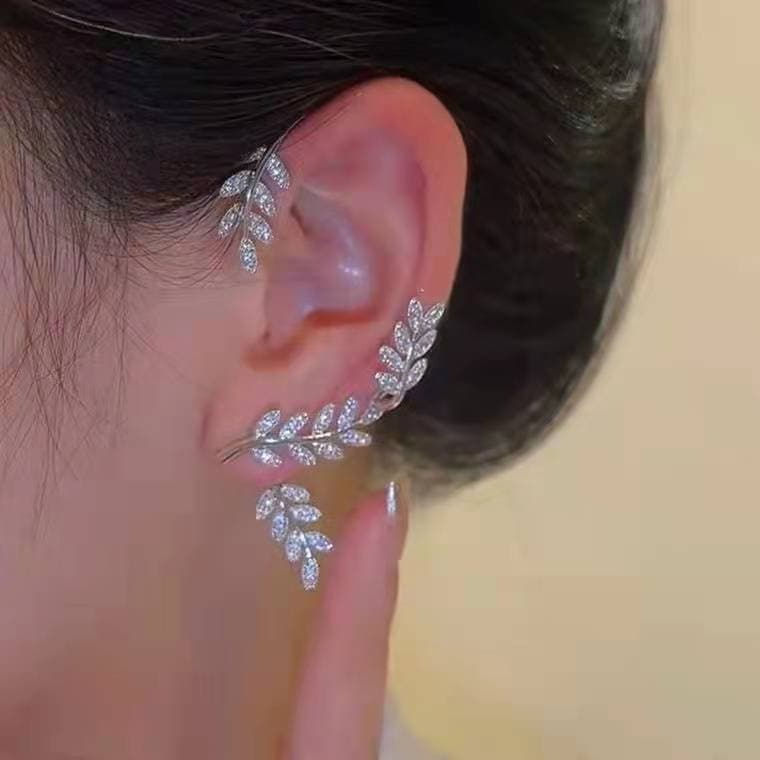 One Pice Oliver Leaf Clip Stud Earring for Women Men Wheat Ears Zircon Cuff Earring Wedding OL Party Jewelry