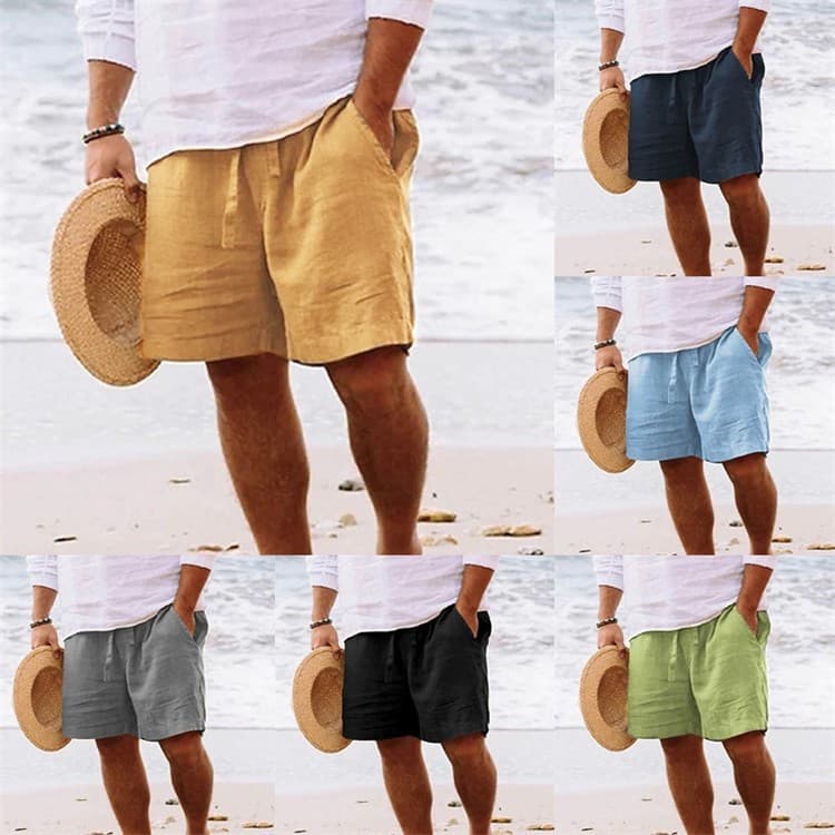 2026 Men's Summer Cotton Linen Shorts Drawstring Elastic Waist Straight Leg Solid Color Breathable Beach Five-Point
