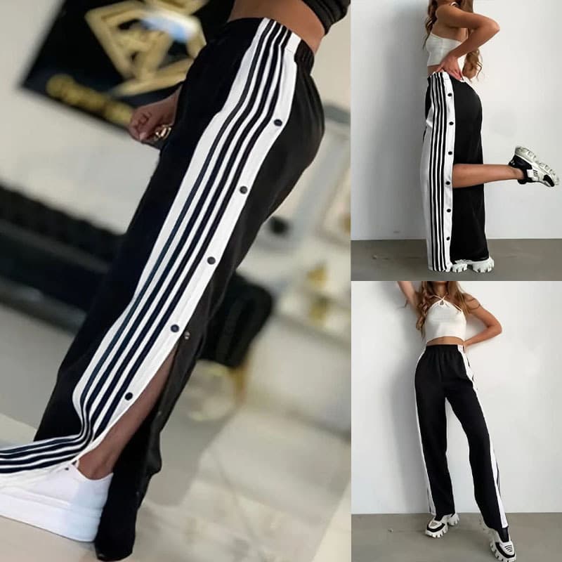 Women's Clothing Leg Pants Fashion Straight Leg Pants With Side Buttons & Striped Design - High Waist Wide Leg Trousers In Stretch Knit Fabric​