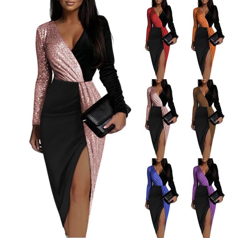 Women's Clothing Ethnic Style High Waisted Solid Color Temperament Commuting Mid Length Skirt Long Sleeved Waist Shiny Dress