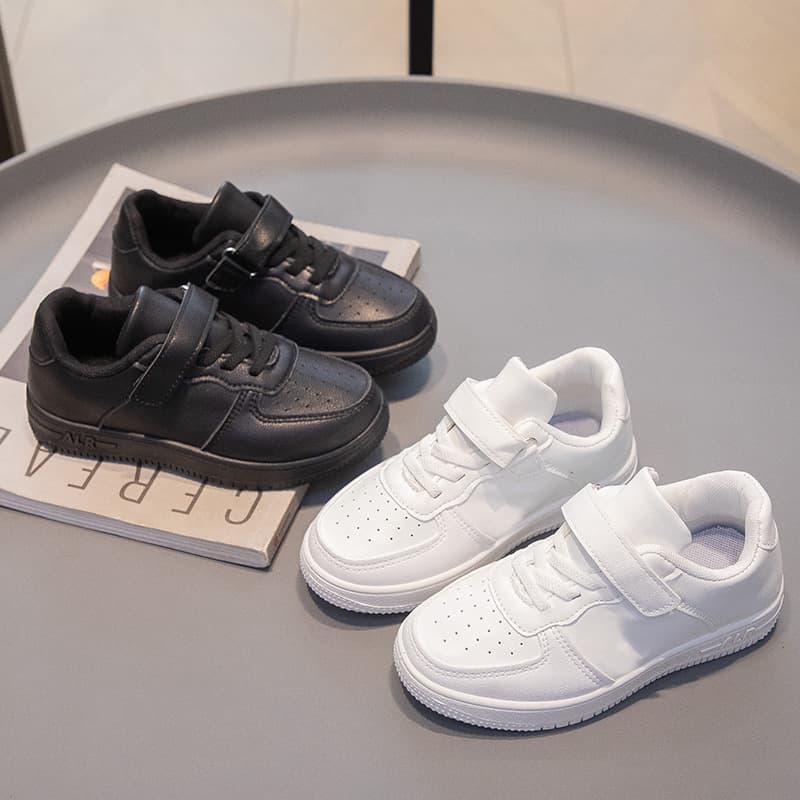 Children's Shoes Campus Leather Soft Sole White Shoes Boys' Casual Versatile Children's Sneakers Girls' Pure Black Running Shoes