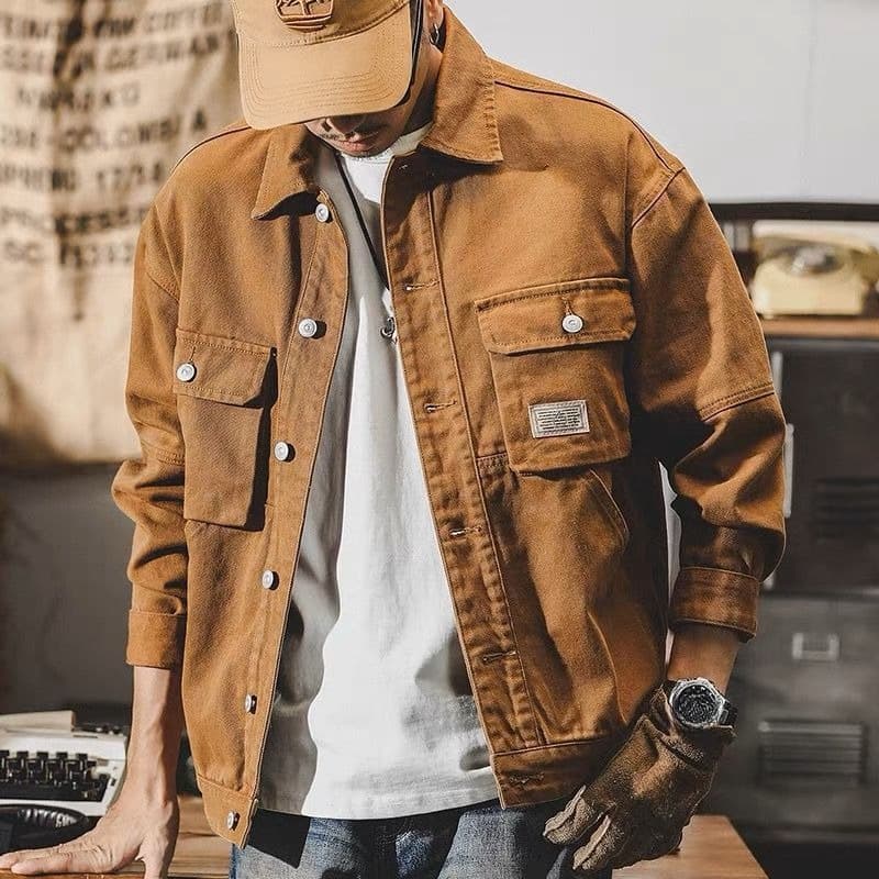 American Heavy Denim Jacket Men's Spring And Autumn New Trendy Brand Three-dimensional Double Pocket Heavy Tooling Top Jacket