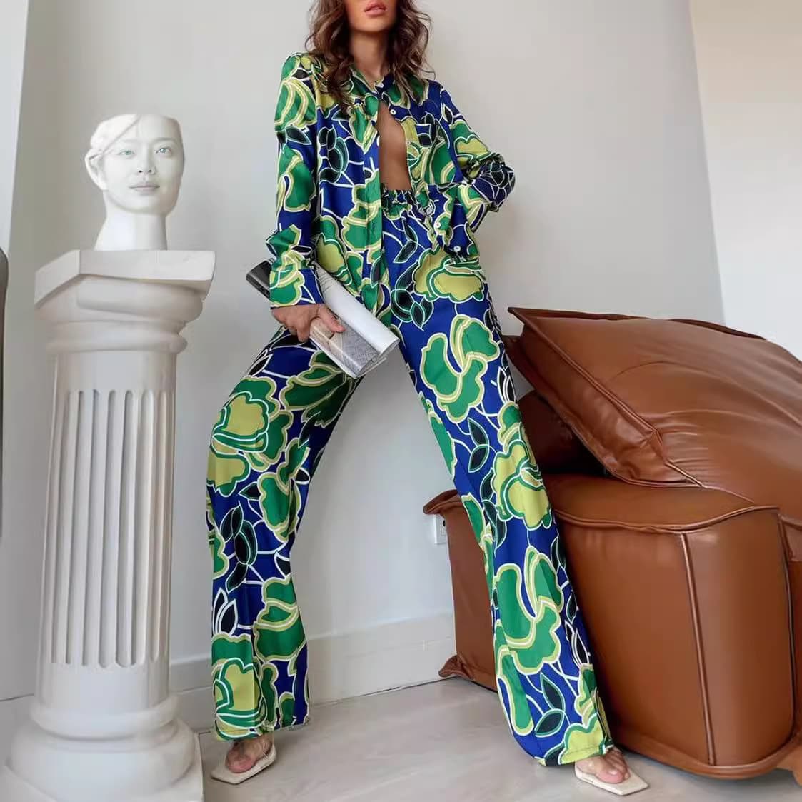 2pcs/set Women’s Clothing fashion printed loose long sleeved shirt + straight pants clothing