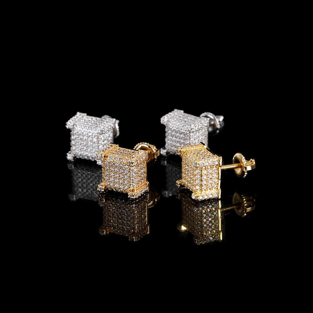 Hip Hop Square Zirconia Stud Earrings With Screw Backs For Men And Women - Minimalist Geometric Design - Gold And White Gold Options