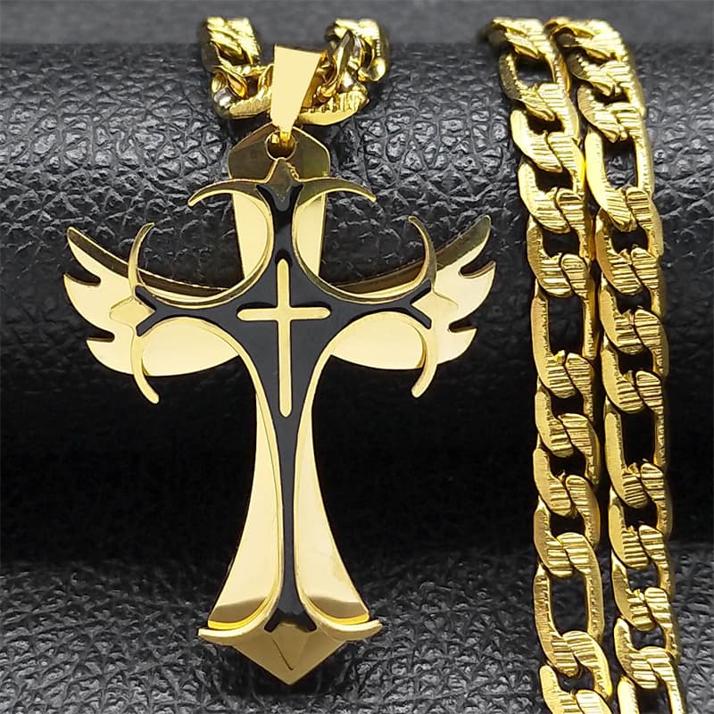 Collier avec pendentif croix goutte d'huile en acier inoxydable et titane pour homme