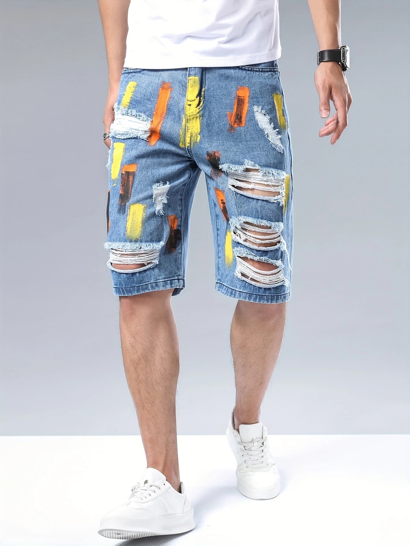 Men's Denim Shorts With Holes, Randomly Painted Men's Mid Length Shorts, Multi Craft Shorts, Straight Leg Worn-out Men's Pants