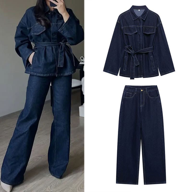 Casual Streetwear Denim Suit Set For Women - Loose Fit Button-Up Shirt With Belt & Straight Leg Pants (Available In S/M/L, Solid Color)